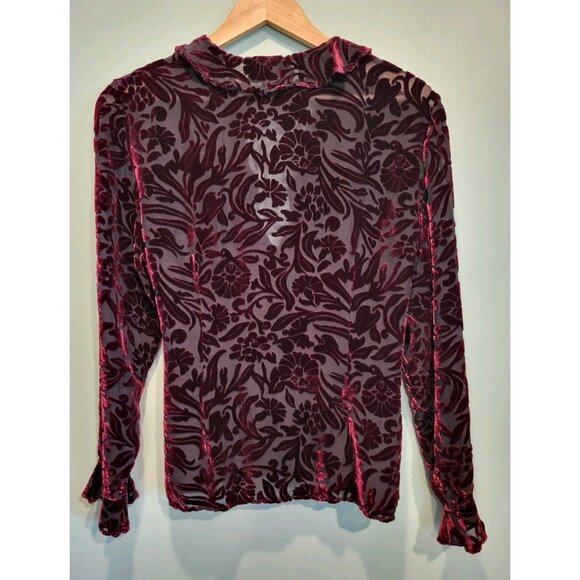Vtg Burgundy Burnout Velvet Semi Sheer Ruffle Fairygrunge Wrap Top Sz 14 - Picture 5 of 7